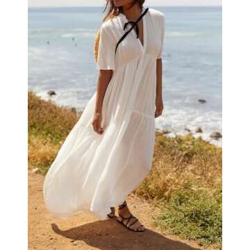 R.Vivimos Womens Summer Cotton Flowy Maxi Dress Short Sleeve V Neck Empire Waist Boho Tiered Ruffle ...