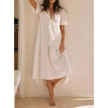 R.Vivimos Womens Summer Cotton Flowy Maxi Dress Short Sleeve V Neck Empire Waist Boho Tiered Ruffle Casual Loose Long Dresses (Medium, White)