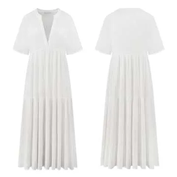 R.Vivimos Womens Summer Cotton Flowy Maxi Dress Short Sleeve V Neck Empire Waist Boho Tiered Ruffle Casual Loose Long Dresses (Medium, White)