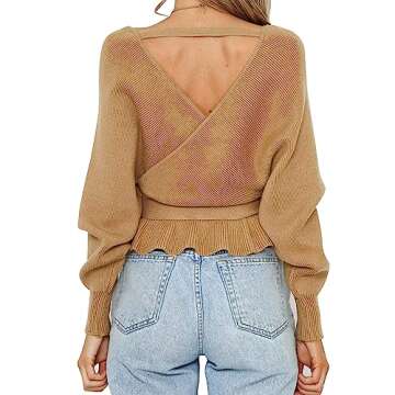 ZESICA Women's Fall Wrap V Neck Long Batwing Sleeve Belted Waist Ruffle Knitted Sweater Pullover Top,Camel,Small