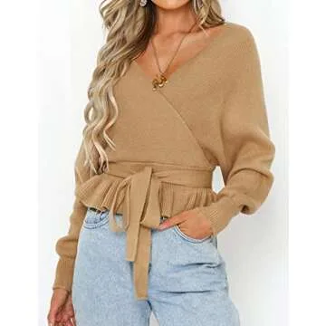 ZESICA Women's Fall Wrap V Neck Long Batwing Sleeve Belted Waist Ruffle Knitted Sweater Pullover Top,Camel,Small