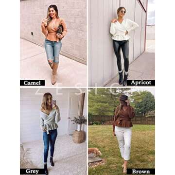 ZESICA Women's Fall Wrap V Neck Long Batwing Sleeve Belted Waist Ruffle Knitted Sweater Pullover Top,Camel,Small