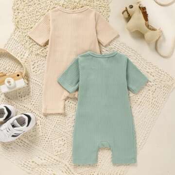 TITKKOP Newborn Baby Boy Clothes 0-3 Months 2 Pack Solid Romper Short Sleeve One-Piece Jumpsuits Unisex Baby Clothes(Light Green+Beige)