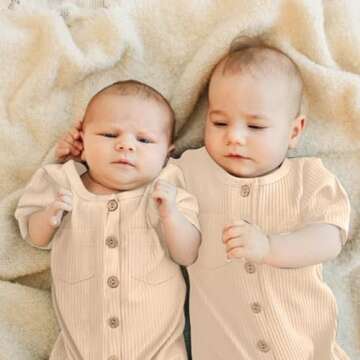 TITKKOP Newborn Baby Boy Clothes 0-3 Months 2 Pack Solid Romper Short Sleeve One-Piece Jumpsuits Unisex Baby Clothes(Light Green+Beige)