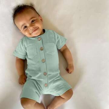 TITKKOP Newborn Baby Boy Clothes 0-3 Months 2 Pack Solid Romper Short Sleeve One-Piece Jumpsuits Unisex Baby Clothes(Light Green+Beige)
