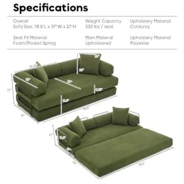 ZEIINPA Convertible Sleeper Sofa Bed with Cylindrical Pillow, Corduroy Folding Mattress Couch with F...