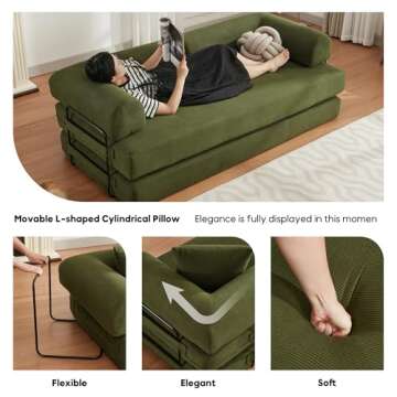 ZEIINPA Convertible Sleeper Sofa Bed with Cylindrical Pillow, Corduroy Folding Mattress Couch with Fixed-Shape Frame, Floor Sofa Lounge Couch for Living Room Bedroom Lounge Studio-Green