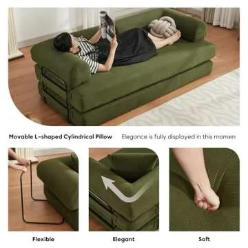 ZEIINPA Convertible Sleeper Sofa Bed with Cylindrical Pillow, Corduroy Folding Mattress Couch with Fixed-Shape Frame, Floor Sofa Lounge Couch for Living Room Bedroom Lounge Studio-Green
