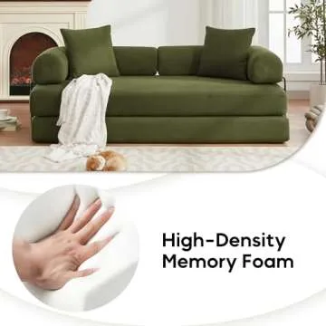 ZEIINPA Convertible Sleeper Sofa Bed with Cylindrical Pillow, Corduroy Folding Mattress Couch with Fixed-Shape Frame, Floor Sofa Lounge Couch for Living Room Bedroom Lounge Studio-Green