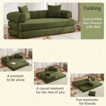 ZEIINPA Convertible Sleeper Sofa Bed with Cylindrical Pillow, Corduroy Folding Mattress Couch with Fixed-Shape Frame, Floor Sofa Lounge Couch for Living Room Bedroom Lounge Studio-Green