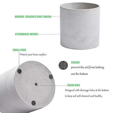 Tagobar Plant Pots Cement Planter Indoor- Modern 6.7 Inch Grey Flower Pot with Drainage Hole for Home Office Decor (Plant Not Included)