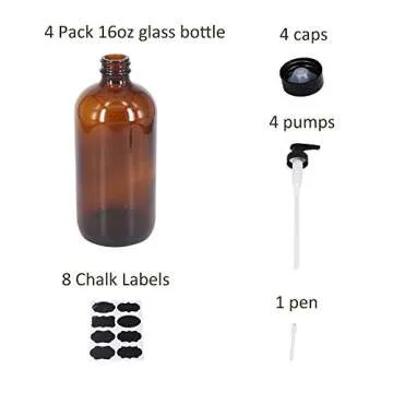 BPFY 4 Pack 16 oz Amber Glass Bottles with Pumps for Shampoo, Essential Oils, Cleaning Products, Lotions, Aromatherapy Oil, Pump Bottles, Refillable Containers with Cap, 8 Chalk Labels, 1 Pen