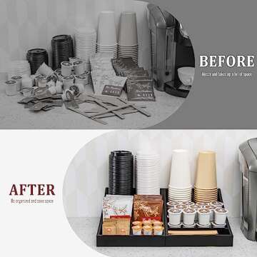 ANBOXIT Coffee Station Organizer for Countertop, Condiment Storage Caddy, Coffee Bar Supplies Organizer for Home, Office and Breakroom - Wooden, Black, 9 Compartment, Two-in-One