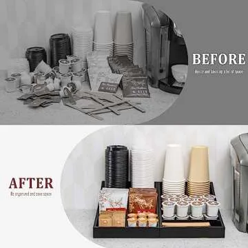 ANBOXIT Coffee Station Organizer for Countertop, Condiment Storage Caddy, Coffee Bar Supplies Organizer for Home, Office and Breakroom - Wooden, Black, 9 Compartment, Two-in-One