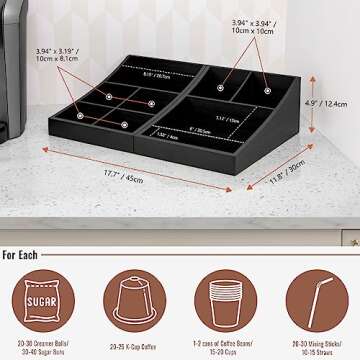 ANBOXIT Coffee Station Organizer for Countertop, Condiment Storage Caddy, Coffee Bar Supplies Organizer for Home, Office and Breakroom - Wooden, Black, 9 Compartment, Two-in-One