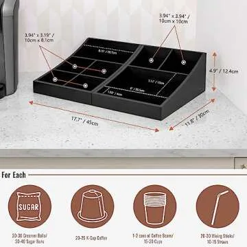 ANBOXIT Coffee Station Organizer for Countertop, Condiment Storage Caddy, Coffee Bar Supplies Organizer for Home, Office and Breakroom - Wooden, Black, 9 Compartment, Two-in-One