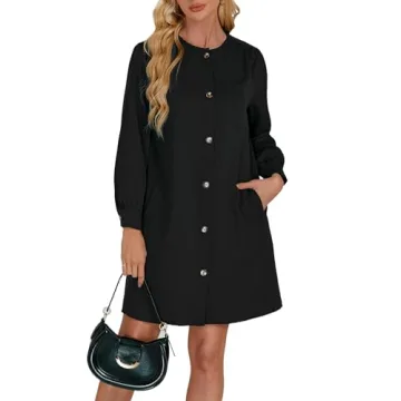 YEXPINE Women's Button Down Mini Dress Long Puff Sleeve Loose Fit Shift Dresses with Pockets Black