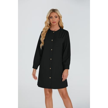 YEXPINE Women's Button Down Mini Dress Long Puff Sleeve Loose Fit Shift Dresses with Pockets Black