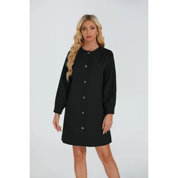 YEXPINE Women's Button Down Mini Dress Long Puff Sleeve Loose Fit Shift Dresses with Pockets Black