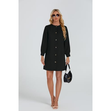 YEXPINE Women's Button Down Mini Dress Long Puff Sleeve Loose Fit Shift Dresses with Pockets Black
