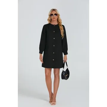 YEXPINE Women's Button Down Mini Dress Long Puff Sleeve Loose Fit Shift Dresses with Pockets Black