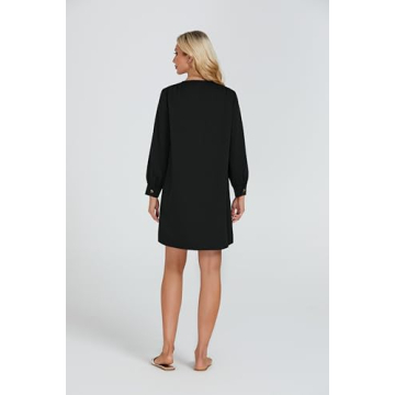 YEXPINE Women's Button Down Mini Dress Long Puff Sleeve Loose Fit Shift Dresses with Pockets Black