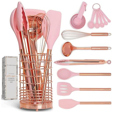 Copper and Pink Kitchen Utensils Set - 17-Piece Silicone Cooking Tools with Copper Utensil Holder an...