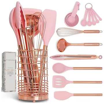 Copper and Pink Kitchen Utensils Set - 17-Piece Silicone Cooking Tools with Copper Utensil Holder an...