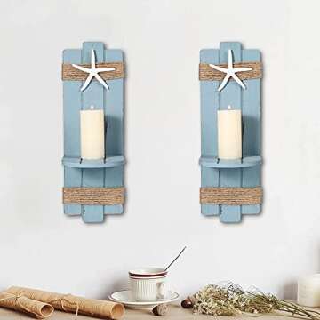 SOMTO Beach Starfish Wall Candle Sconces Decor,Ocean Themed Wall-Mount Candle Holders, Coastal Farmh...