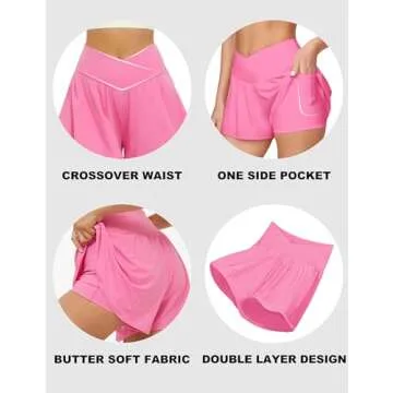 FireSwan Crossover Athletic Shorts for Women 2 in 1 Flowy Running Shorts with Pockets Spandex Butterfly Workout Tennis Skorts Pink