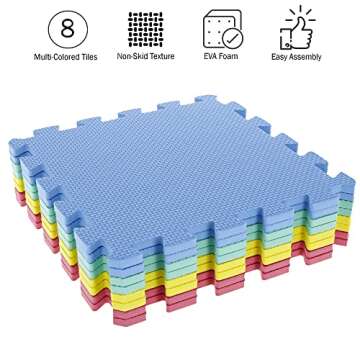 Interlocking Floor Mats - 8-Piece Nontoxic Exercise Mat or Play Mat for Toddlers, Babies or Kids - Foam Padding for Home Gym by Stalwart (Multicolor)