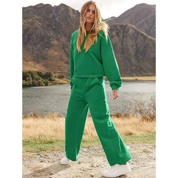 ANRABESS Women’s Two Piece Outfits Long Sleeve Crop Top Wide Leg Sweat Pants Knit Sweatsuit Fall Lounge Matching Clothes Set Green Small