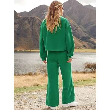 ANRABESS Women’s Two Piece Outfits Long Sleeve Crop Top Wide Leg Sweat Pants Knit Sweatsuit Fall Lounge Matching Clothes Set Green Small