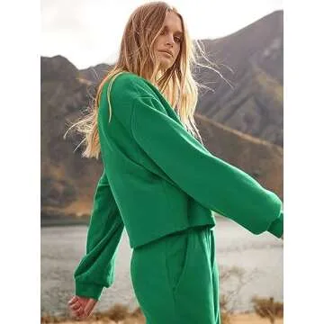 ANRABESS Women’s Two Piece Outfits Long Sleeve Crop Top Wide Leg Sweat Pants Knit Sweatsuit Fall Lounge Matching Clothes Set Green Small