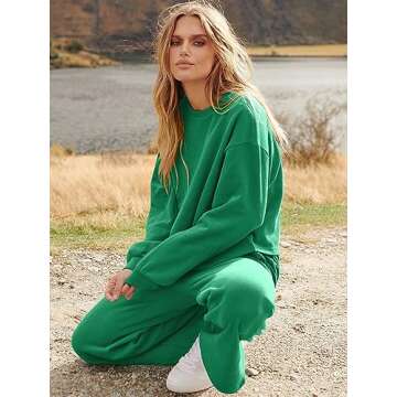 ANRABESS Women’s Two Piece Outfits Long Sleeve Crop Top Wide Leg Sweat Pants Knit Sweatsuit Fall Lounge Matching Clothes Set Green Small