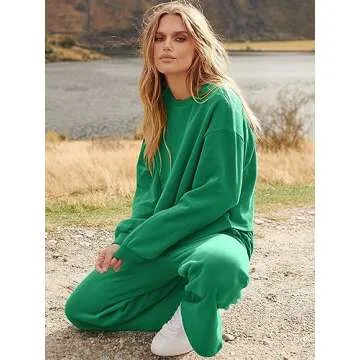 ANRABESS Women’s Two Piece Outfits Long Sleeve Crop Top Wide Leg Sweat Pants Knit Sweatsuit Fall Lounge Matching Clothes Set Green Small