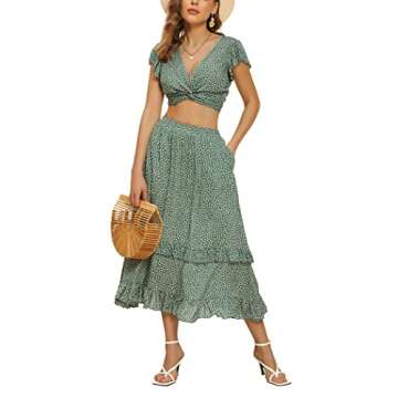 Hotouch 2 Piece Midi Dress for Women Summer Crop Top Set High Waisted Two Piece Outfits Floral Self Tie Knot Crop Top and Midi Skirt Set