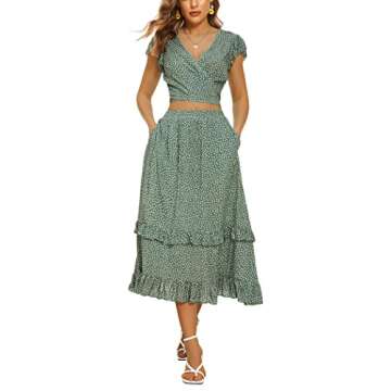 Hotouch 2 Piece Midi Dress for Women Summer Crop Top Set High Waisted Two Piece Outfits Floral Self Tie Knot Crop Top and Midi Skirt Set