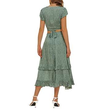Hotouch 2 Piece Midi Dress for Women Summer Crop Top Set High Waisted Two Piece Outfits Floral Self Tie Knot Crop Top and Midi Skirt Set
