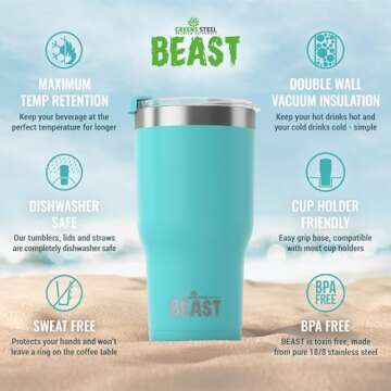 Beast 30 oz Tumbler Stainless Steel Vacuum Insulated Coffee Ice Cup Double Wall Travel Flask (Aquamarine Blue)