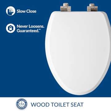 Mayfair Bennett Toilet Seat with Brushed Nickel Hinges, Slow Close Wood Seat, Secure Metal Hinges, Easy Install, Elongated, White