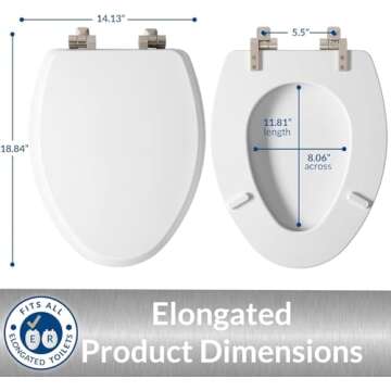 Mayfair Bennett Toilet Seat with Brushed Nickel Hinges, Slow Close Wood Seat, Secure Metal Hinges, Easy Install, Elongated, White