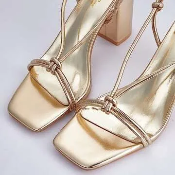 Elisabet Tang Women's Lace Up Chunky Heels Sandals,3 inch Block Heels Ankle Wrap Strappy Heel Square Open Toe Strappy Heeled Sandals Shoes Gold Size 8