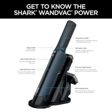 Shark WV410BL WANDVAC Cordless Hand Vacuum, Ultra-Lightweight & Portable with Powerful Suction & Tools for Pets, Designed for Car & Home, Dark Blue