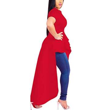 Lrady Women Ruffle High Low Asymmetrical Short Sleeve Peplum Tops Blouse Shirt Dress Red L