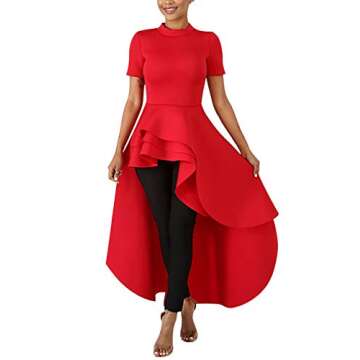 Lrady Women Ruffle High Low Asymmetrical Dress Red