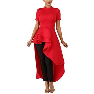 Lrady Women Ruffle High Low Asymmetrical Dress Red