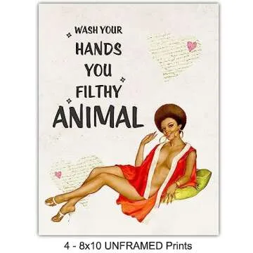 African American Wall Art - Bathroom Wall Decor - Vintage Bathroom Wall Art - Funny Bathroom Decor for Afro American Black Women - Retro Bath Wall Decor - Guest Bathroom - Powder Room - Restroom Sign