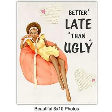 African American Wall Art - Bathroom Wall Decor - Vintage Bathroom Wall Art - Funny Bathroom Decor for Afro American Black Women - Retro Bath Wall Decor - Guest Bathroom - Powder Room - Restroom Sign