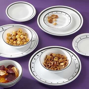 Corelle Vitrelle 18-Piece Service for 6 Dinnerware Set, Triple Layer Glass and Chip Resistant, Lightweight Round Plates and Bowls Set, Black and White